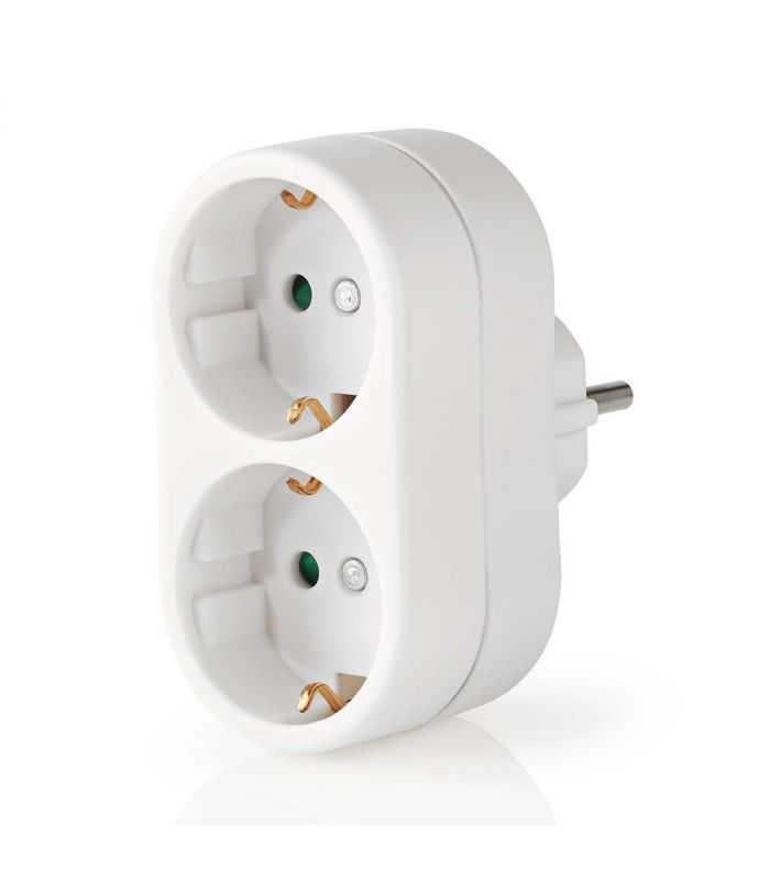 Stecher dublu 2x Schuko 16A 3500W protectie contacte alb Nedis
