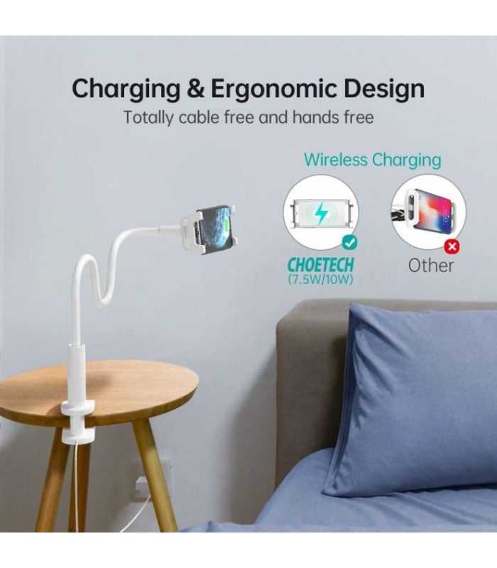 Suport Reglabil De Birou Pentru 47 97inchi Telefon Tableta Si Incarcare Wireless Alb Choetech T584 F 101wh
