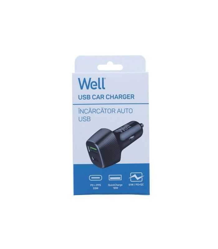 Incarcator Auto Well 51w 1x Usb Type C Pd 33w Pps 1x Usb A Qc 18w Negru Psup Usb Cpq5101bk Wl