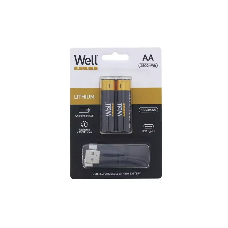 Acumulator AA R6 Li-ion 14500 1.5V 1660mAh 2500mWh cu incarcare 5V USB-C 2buc/blister Well ACCU-14500/166C-BL2-WL