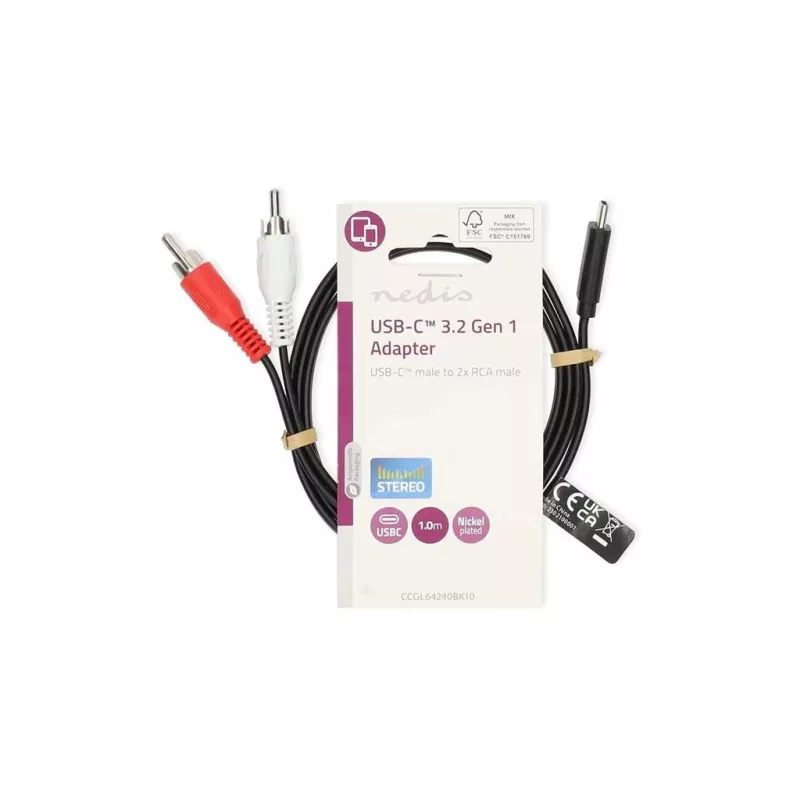 Cablu Usb 32 Gen 1 Usb C Tata Digital In 2x Rca Tata Analogic Out 1m Negru Nedis Ccgl64240bk10
