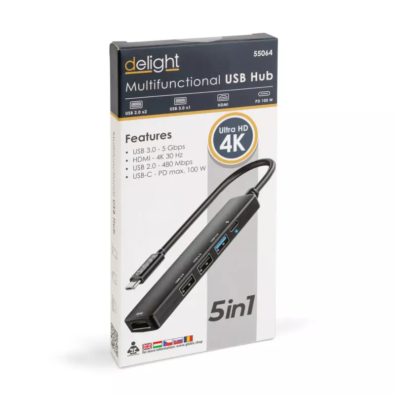 Hub Usb Multifunctional Delight Hdmi Usb Type C 30 3x Usb A 1x Usb Type C 5gbps 100w Negru 55064