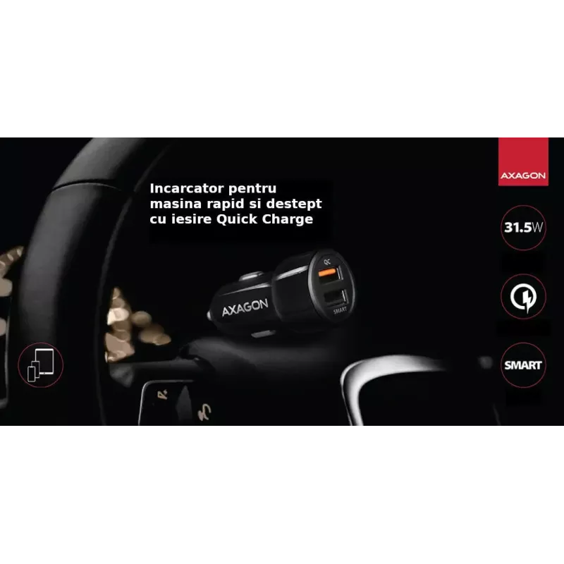 Incarcator Auto Smart 5v 24a Qc30 30w Negru Axagon Pwc Qc5