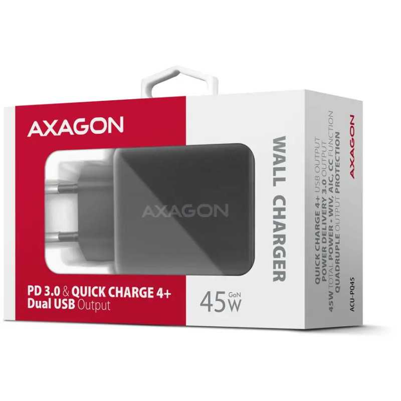 Incarcator Retea Axagon Acu Pq45 1x Qc4 Usb A 20w 1x Usb C 45w Pd30 Qc4 Negru Acu Pq45