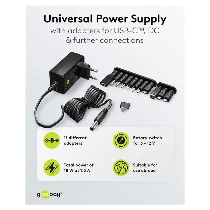 Alimentator Universal 3 12v 18w 15a 11 Adaptoare Usb C Usb A Micro Usb Mini Usb Terminale Cu Surub 64569 Goobay