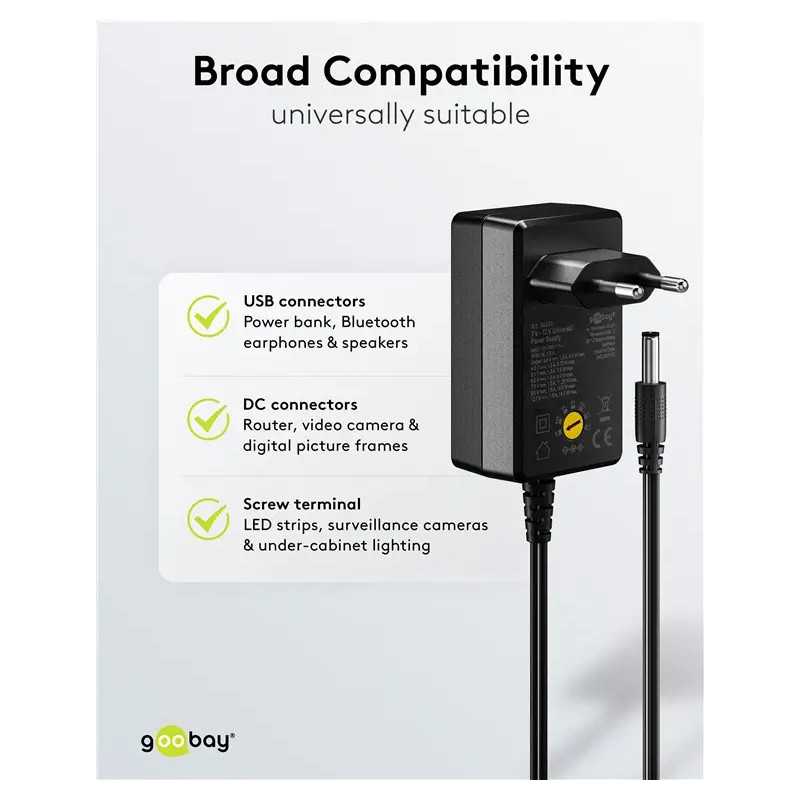 Alimentator Universal 3 12v 18w 15a 11 Adaptoare Usb C Usb A Micro Usb Mini Usb Terminale Cu Surub 64569 Goobay