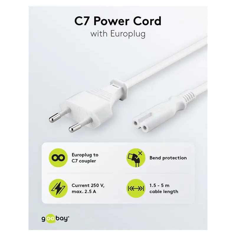Cablu De Alimentare Cu 2 Pin Euro 5m Alb 2x075 Mm2 Cu Priza C7 Pentru Aparate Electronice 93988 Goobay