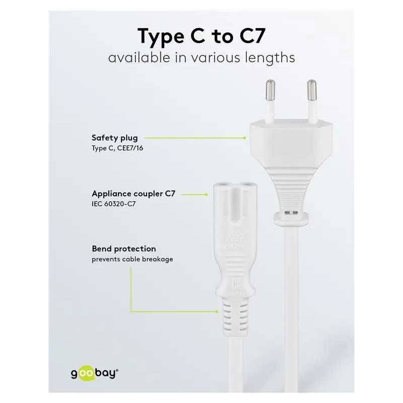 Cablu De Alimentare Cu 2 Pin Euro 5m Alb 2x075 Mm2 Cu Priza C7 Pentru Aparate Electronice 93988 Goobay