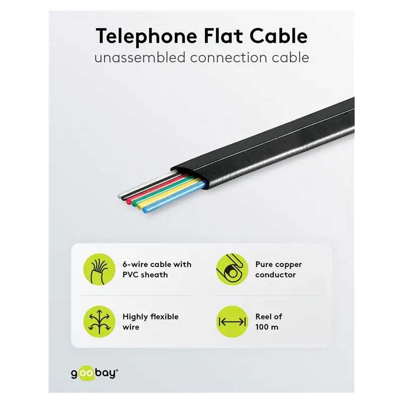 Cablu Telefonic Plat 6 Fire Negru Awg 30 Cupru Vanzare La Metru Liniar 50254 Goobay