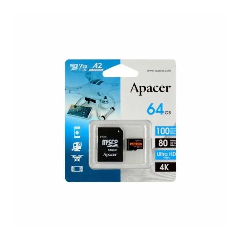 Card microSDXC UHS-I U3 V30 A2 Apacer 64GB R100 cu adaptor SD AP64GMCSX10U8-R