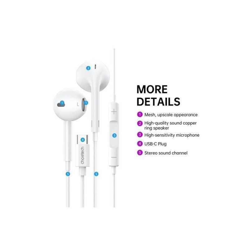 Casti In Ear Cu Fir Choetech Oc A012 Wh Usb C Microfon Reglare Volum Alb Earphone Oca012 Cho