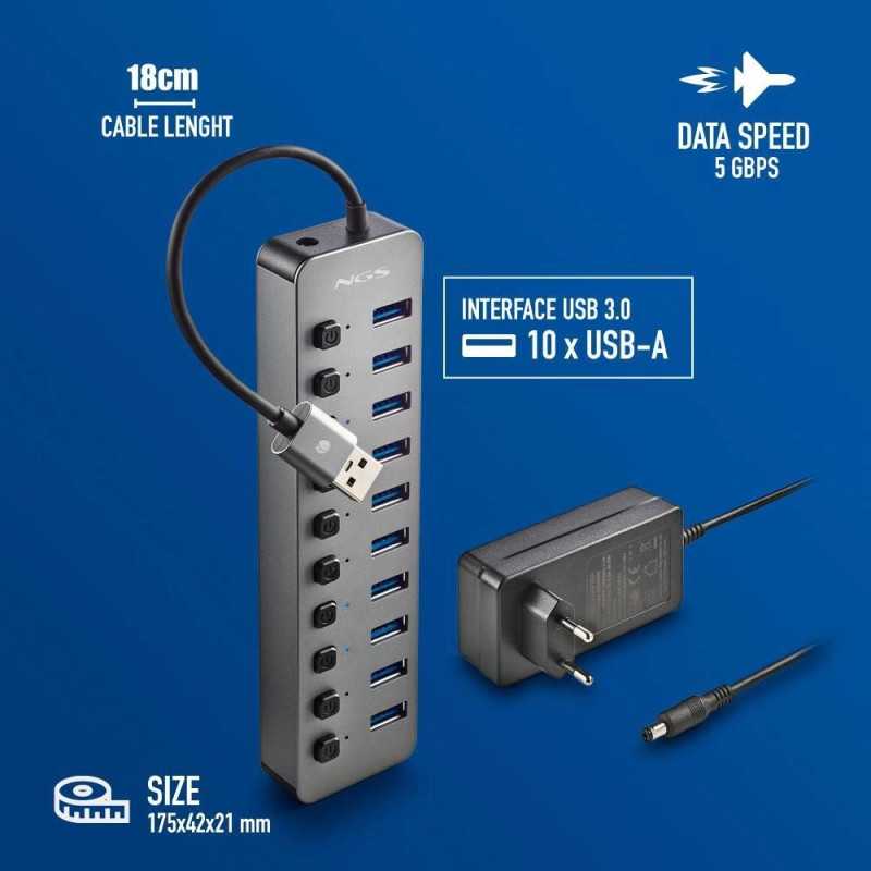 Hub Usb 30 Ngs Ihub10 Cu 10 Porturi Si Alimentator Inclus