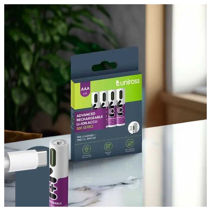 Set Acumulatori Uniross Aaa R3 Li Ion 10440 15v 500mah Cu Incarcare Usb C 4buc