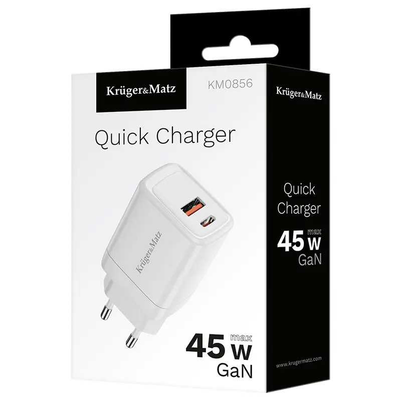 Incarcator Retea Rapid Krugermatz Km0856 Pd Qc Gan 45w Pps 1x Usb A 1x Usb C Alb