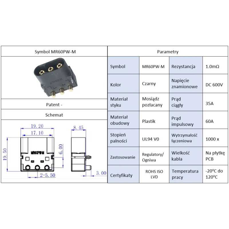 Conector Alimentare Dc Soclu Tata Mr60 3 Pini 35a 600v Tht Amass Mr60pw M