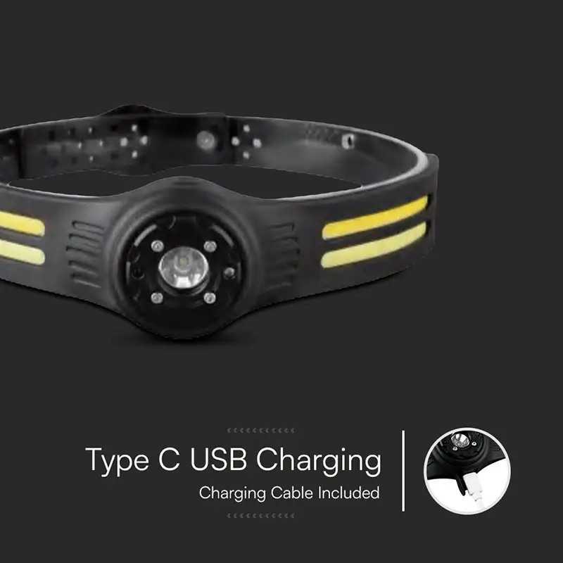 Lanterna Frontala Led 3w 5w Led Cob Ip43 Acumulator Incarcate Usb C V Tac Sku 23340