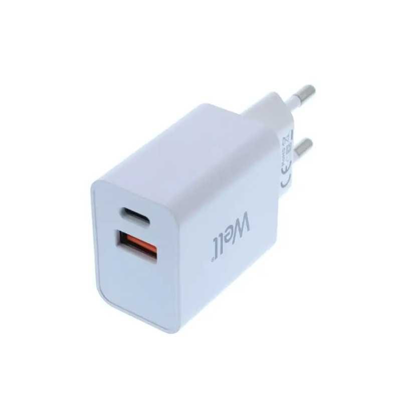Incarcator retea Well 1x USB-A QC3.0 1x USB-C PD 30W alb PSUP-USB-WPQ3001WE-WL
