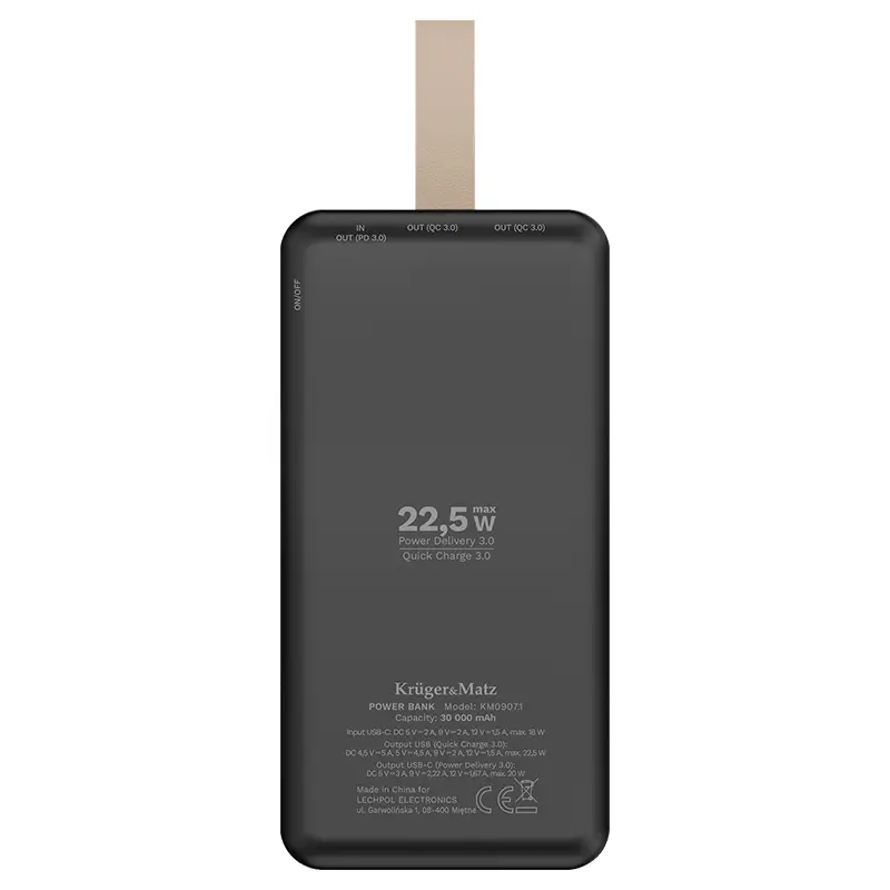 Power Bank 30000mah Li Pol Qc 2x Usb 225w Usb C 20w Krugermatz Km09071