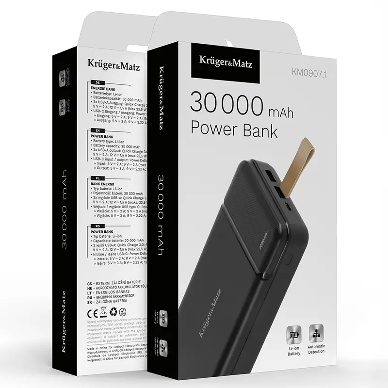 Power Bank 30000mah Li Pol Qc 2x Usb 225w Usb C 20w Krugermatz Km09071