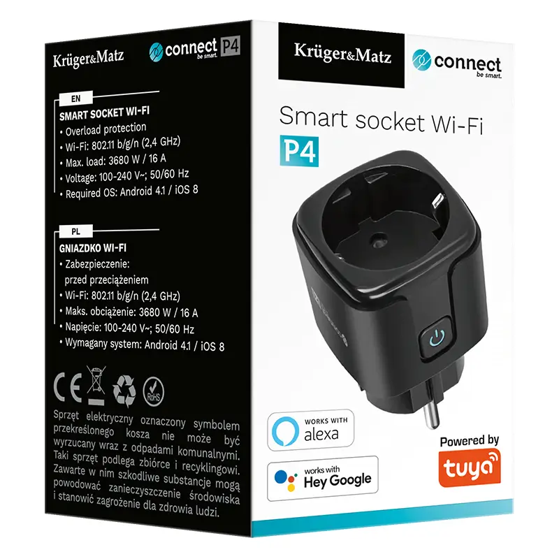 Priza Krugermatz Km2202 B Smart Wi Fi Connect P4 Tuya 3680w 16a Monitorizeaza Consum Energie