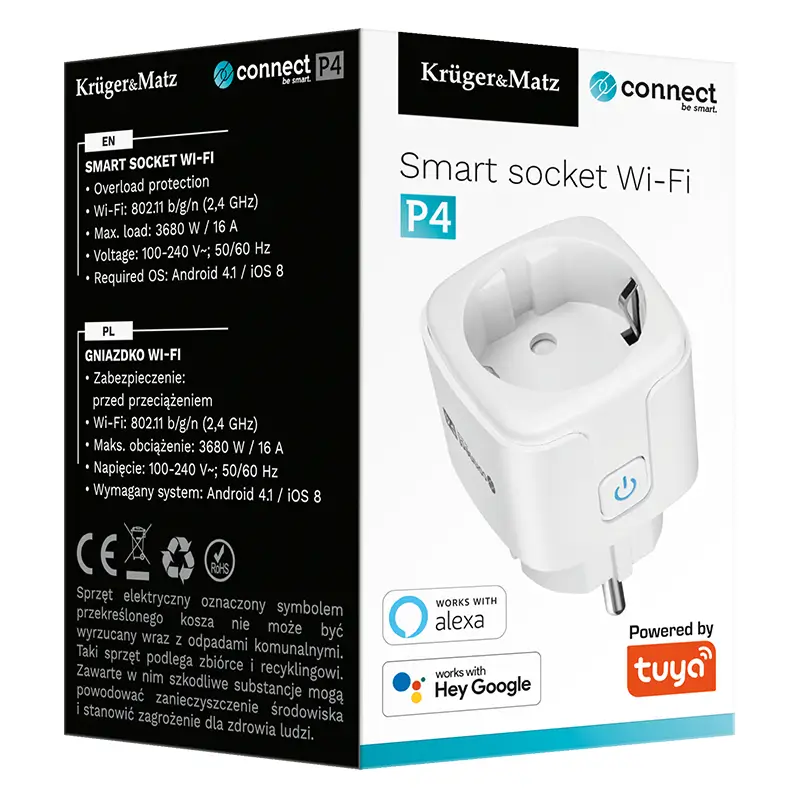 Priza Kruger&Matz KM2202-W SMART WI-FI CONNECT P4 TUYA 3680W 16A Monitorizeaza consum energie 3 Priza Krugermatz Km2202 W Smart Wi Fi Connect P4 Tuya 3680w 16a Monitorizeaza Consum Energie