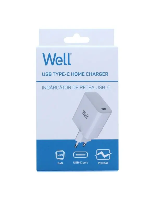Incarcator Retea 100 240v Usb C Well Gan Pd 65w 5v 3a 9v 3a 12v 3a 15v 3a 20v 325a Alb