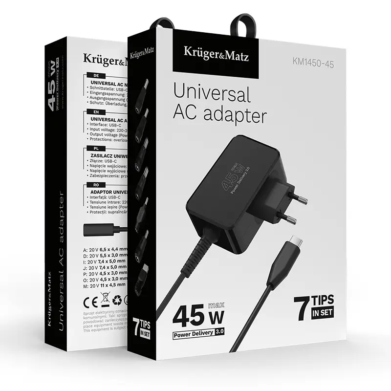 Alimentator Universal 45w Pd Usb C 7 Adaptoare Krugermatz Km1450 45