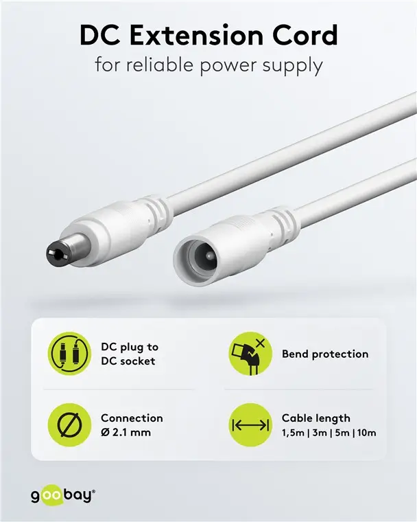 Cablu Prelungitor Dc 55 21 Mufa Dc 55 21 Soclu 10m 5a 2x05mm2 Cupru Drept Alb Goobay 76677