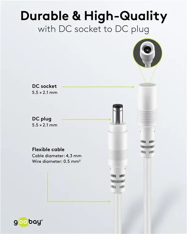 Cablu Prelungitor Dc 55 21 Mufa Dc 55 21 Soclu 10m 5a 2x05mm2 Cupru Drept Alb Goobay 76677