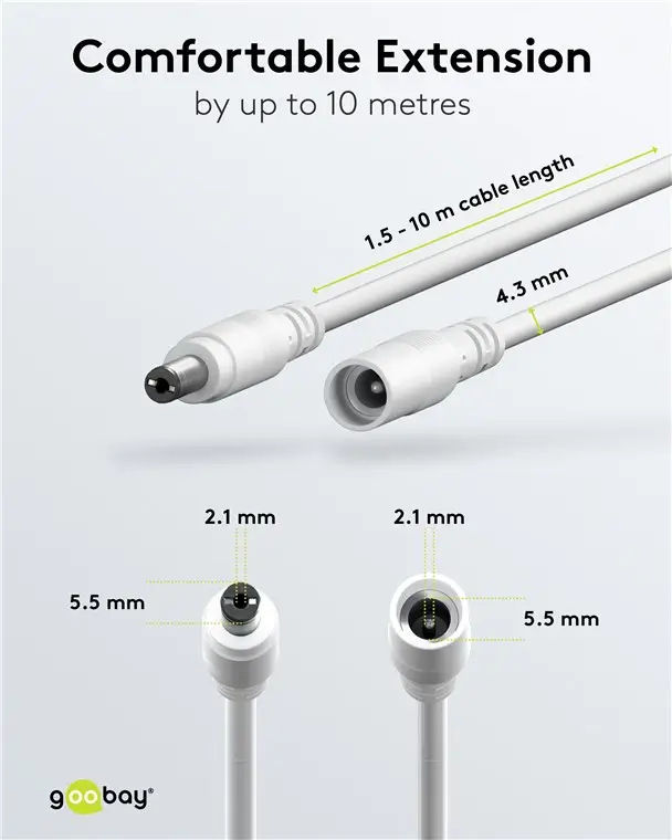 Cablu Prelungitor Dc 55 21 Mufa Dc 55 21 Soclu 15m 5a 2x05mm2 Cupru Drept Alb Goobay 76674