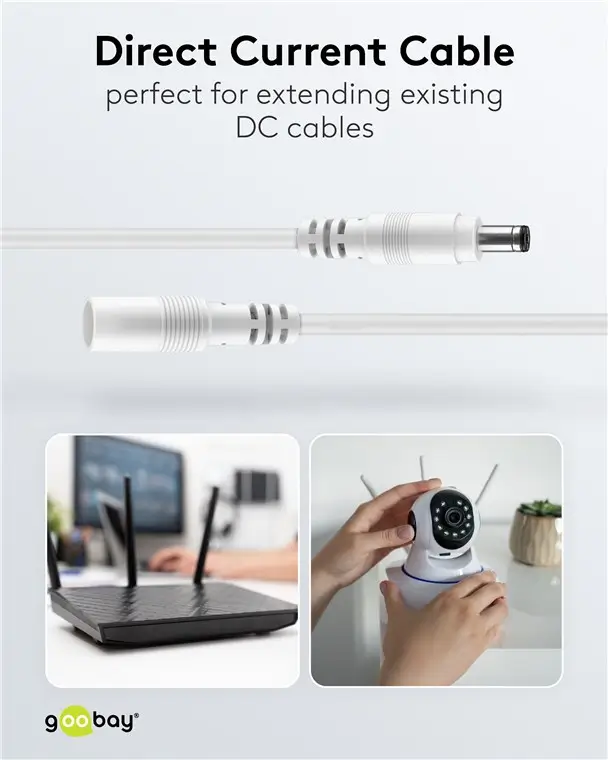 Cablu Prelungitor Dc 55 21 Mufa Dc 55 21 Soclu 15m 5a 2x05mm2 Cupru Drept Alb Goobay 76674