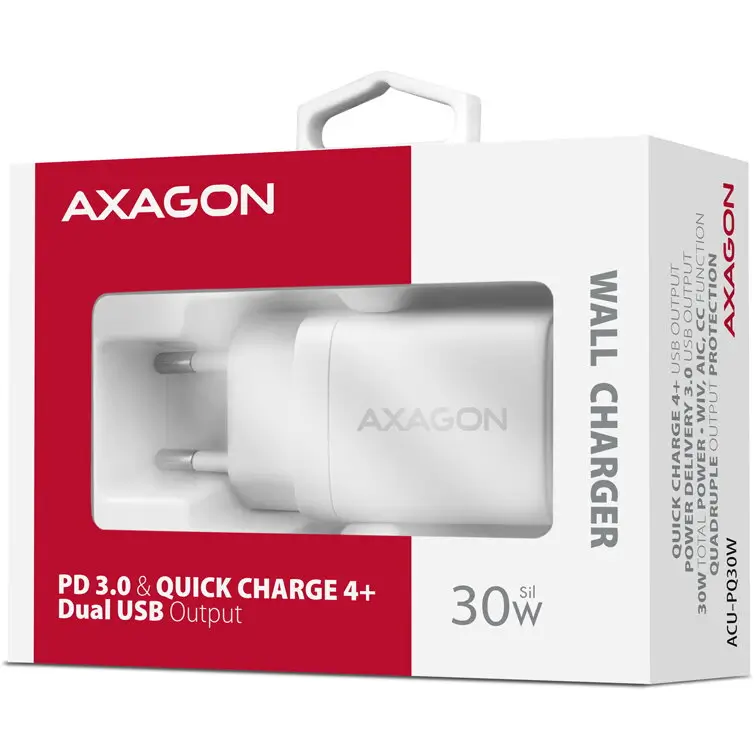 Incarcator Retea Pd 30 Qc4 1x Usb C 1x Usb A 30w Alb Axagon Acu Pq30w