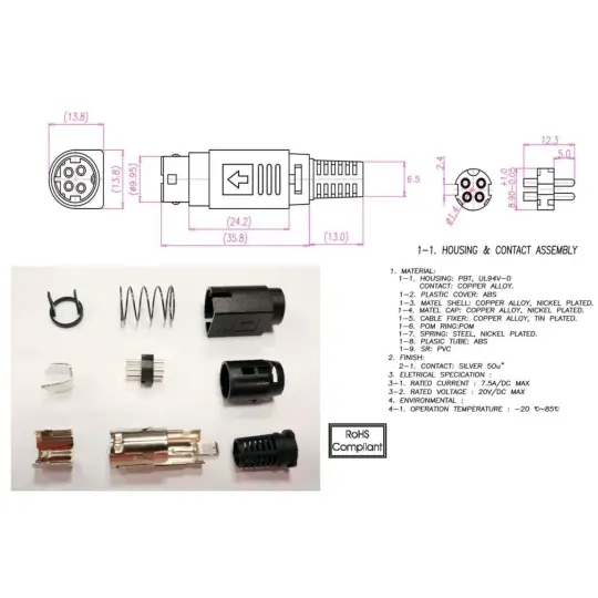 Mufa Conector Alimentare Dc Tata R7b 4 Pini Lipire 65mm Montare Pe Cablu Ninigi Pc Mdp 402 4p