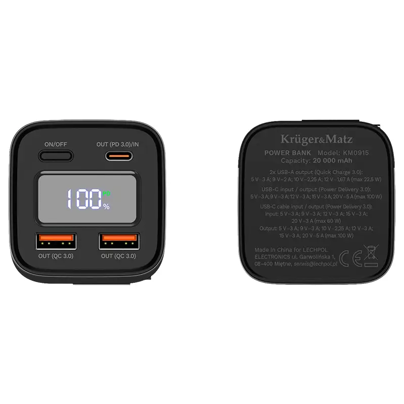 Power Bank 20000mah 100w Qc30 Pd30 Usb C Usb A Afisaj Lcd Krugermatz Km0915