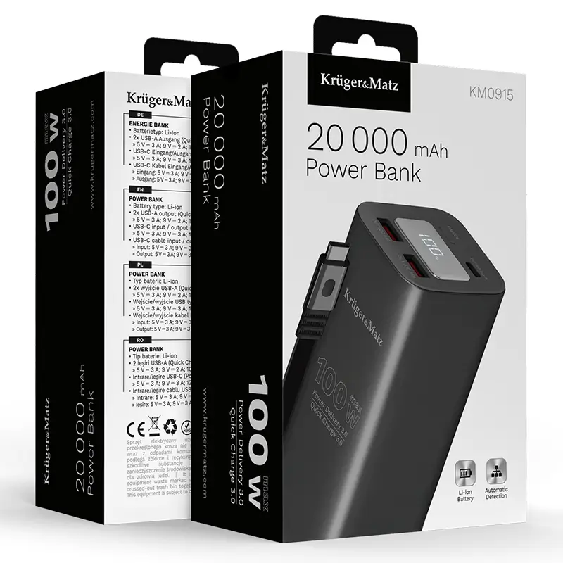 Power Bank 20000mah 100w Qc30 Pd30 Usb C Usb A Afisaj Lcd Krugermatz Km0915