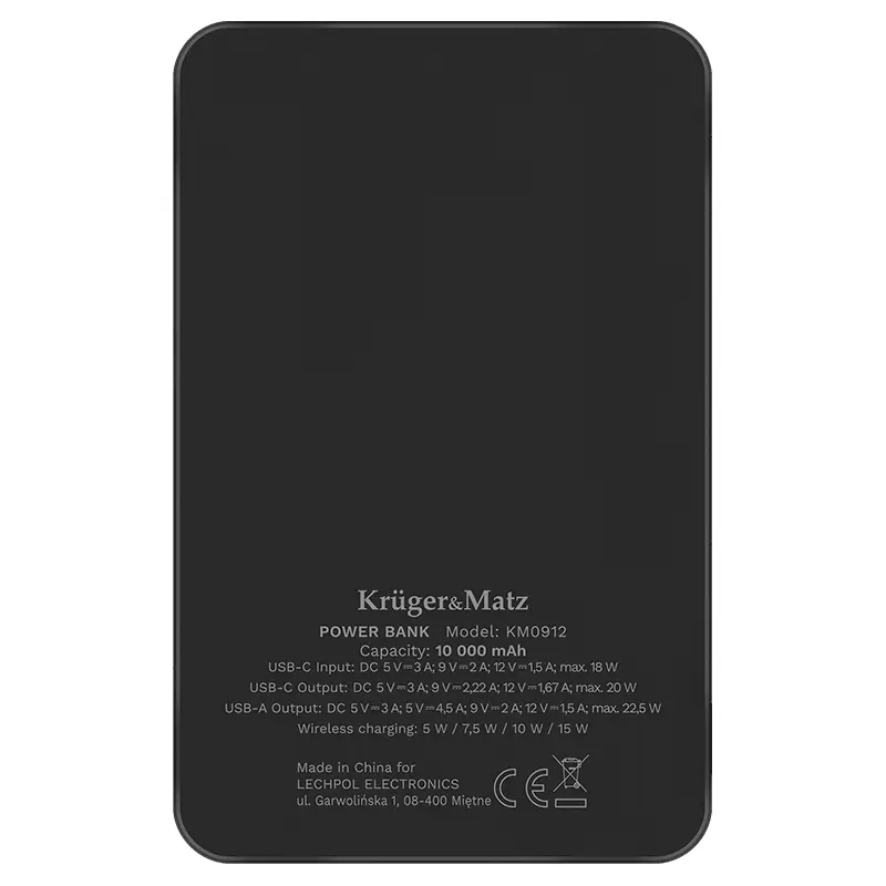 Power Bank Inductie Krugermatz Km0912 10000mah Li Ion Mag Safe Wireless 15w Usb C 20w Usb A 25w