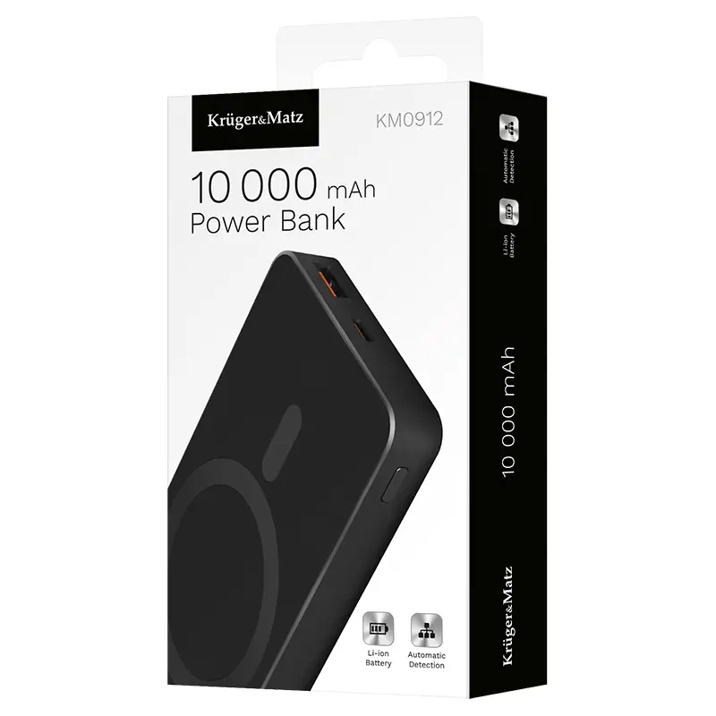 Power Bank Inductie Krugermatz Km0912 10000mah Li Ion Mag Safe Wireless 15w Usb C 20w Usb A 25w