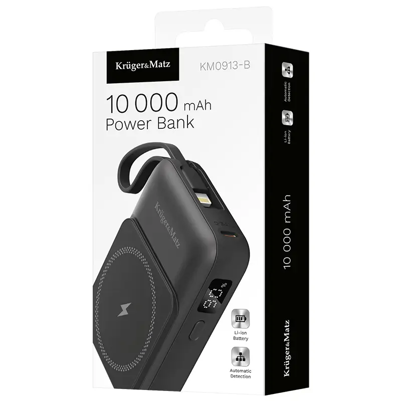 Power Bank Inductie Krugermatz Km0913 B 10000mah Li Ion Mag Safe Wireless 15w Usb C 20w Usb A 225w Lightning 10w