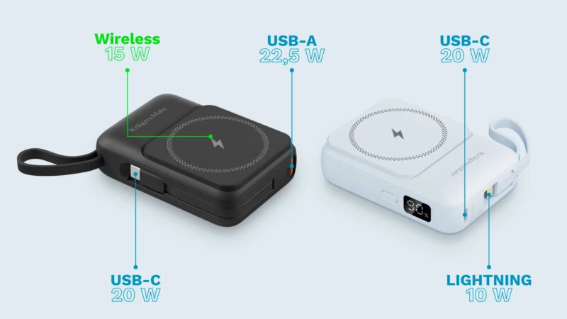 Power Bank Inductie Krugermatz Km0913 B 10000mah Li Ion Mag Safe Wireless 15w Usb C 20w Usb A 225w Lightning 10w