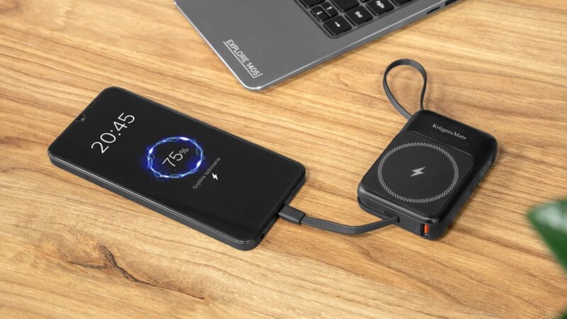 Power Bank Inductie Krugermatz Km0913 B 10000mah Li Ion Mag Safe Wireless 15w Usb C 20w Usb A 225w Lightning 10w