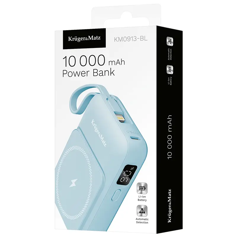 Power Bank Inductie Krugermatz Km0913 Bl 10000mah Li Ion Mag Safe Wireless 15w Usb C 20w Usb A 225w Lightning 10w