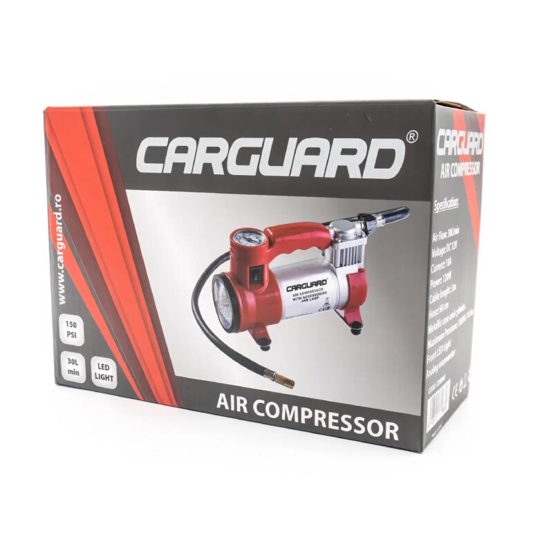 Compresor Auto 12v Carguard Com001 30l Min 150psi Carcasa Metal Led Frontal