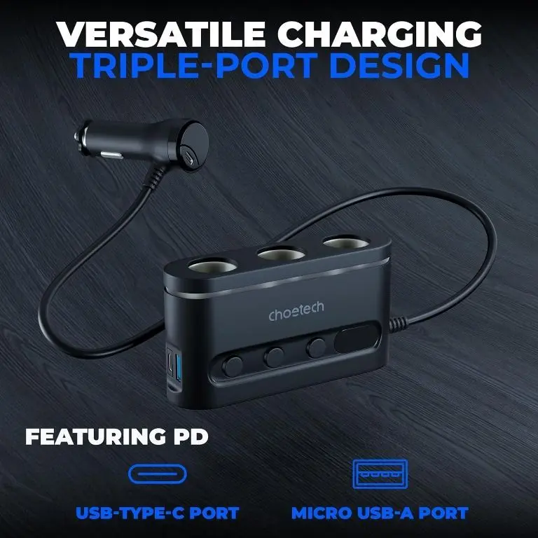 Multiplicator Bricheta Auto Choetech Tc0021 3 Iesiri 2x Usb C Pd 30w 1x Usb A Qc30 18w