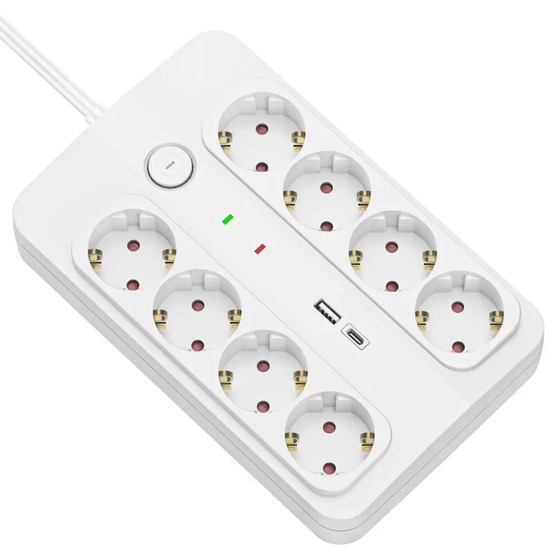 Prelungitor cu protectie Technik TP1255 8 prize 1x USB-A 1x USB-C cablu 3x1.5mmp 1.5m alb