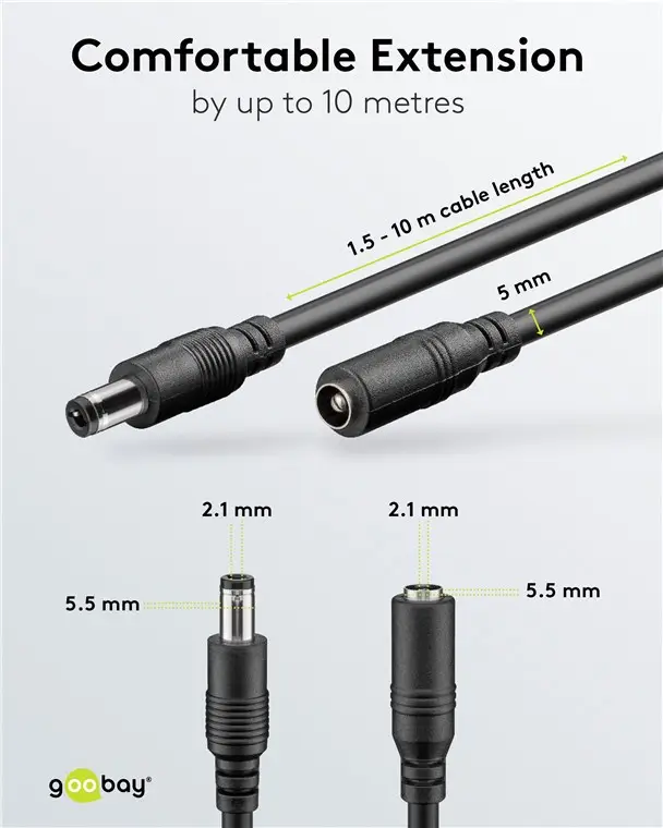 Cablu De Extensie Dc 55x21 Mama Tata 2x05mm 5m 5a 120w Negru Goobay 76671