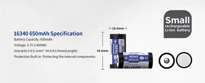 Acumulator Xtar 16340 37v 650mah Li Ion Protectie Pcb Terminal Cu Varf 16340 650mah Kt With Pcb