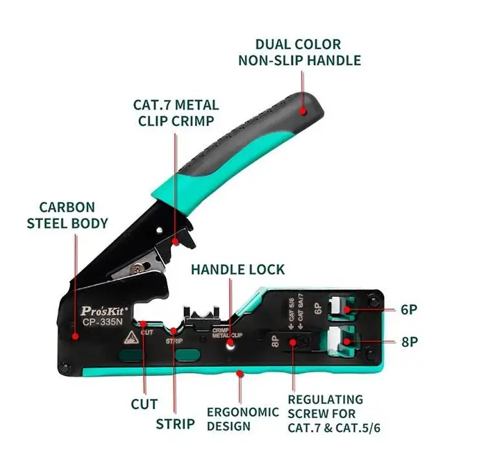 Cleste De Sertizare Modular Rj45 Cat5 Cat6 Cat7 3in1 Taiere Dezizolare Sertizare Pro Skit Cp 335n