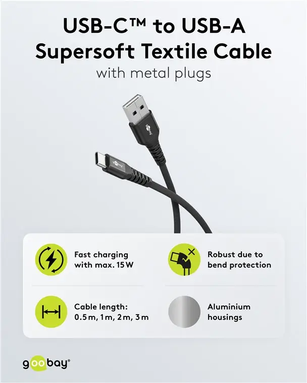 Cablu Extrem De Flexibil Din Silicon Si Textil 3m Usb C 31 Usb A 30 Supersoft Cu Mufe Metalice 3a 15w Goobay 74528