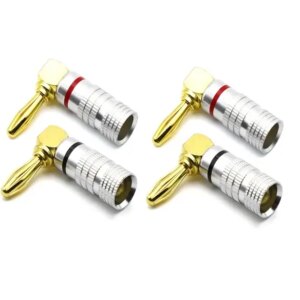 Set 4 mufe banana la 90 grade tata 4mm metal cu surub si inel negru si rosu SET-4-BANANA90/M-B+R