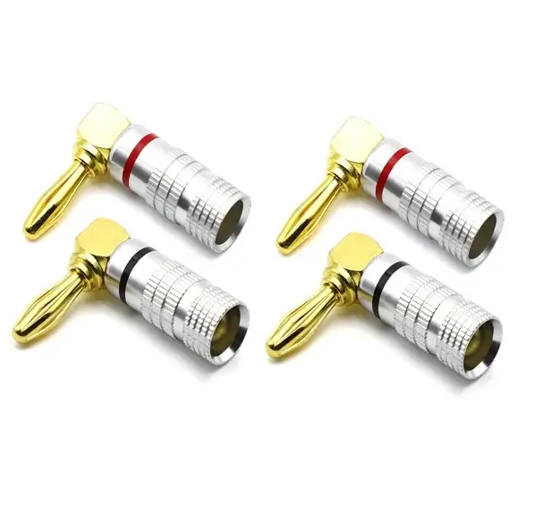 Set 4 mufe banana la 90 grade tata 4mm metal cu surub si inel negru si rosu SET-4-BANANA90/M-B+R